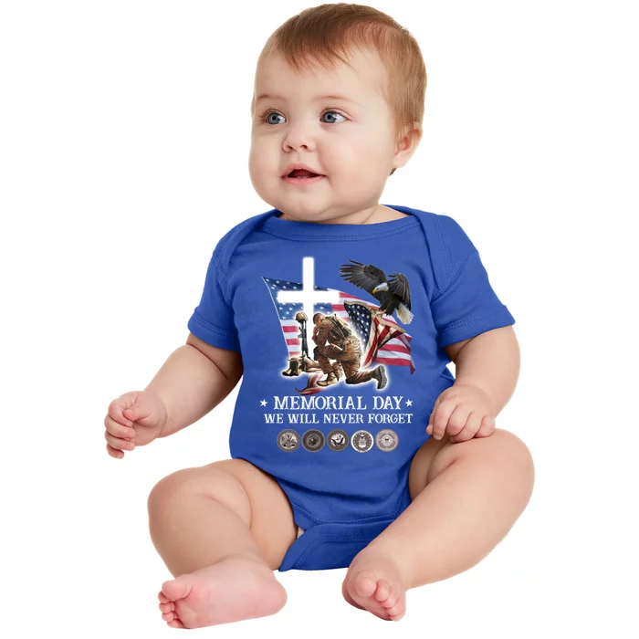 Eagle Jesus Cross Memorial Day We Will Never Forget Gift Baby Bodysuit