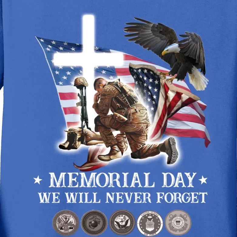 Eagle Jesus Cross Memorial Day We Will Never Forget Gift Kids Long Sleeve Shirt