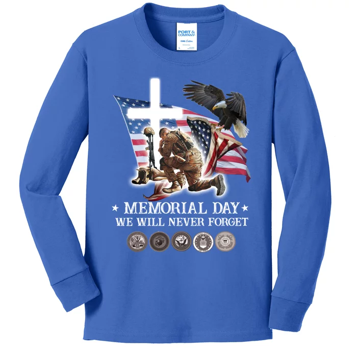 Eagle Jesus Cross Memorial Day We Will Never Forget Gift Kids Long Sleeve Shirt