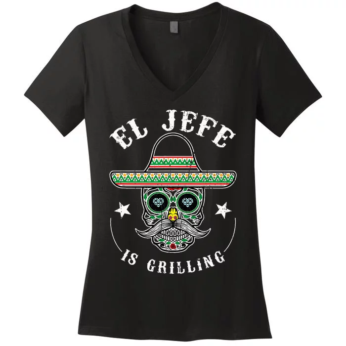 El Jefe Is Grilling Stand Back Funny Mexican Dad Jefe Women's V-Neck T-Shirt