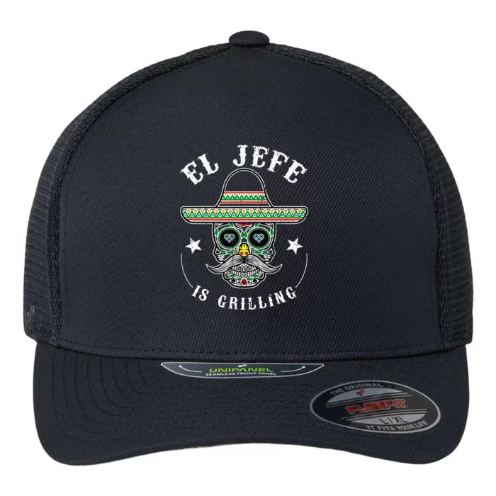 El Jefe Is Grilling Stand Back Funny Mexican Dad Jefe Flexfit Unipanel Trucker Cap