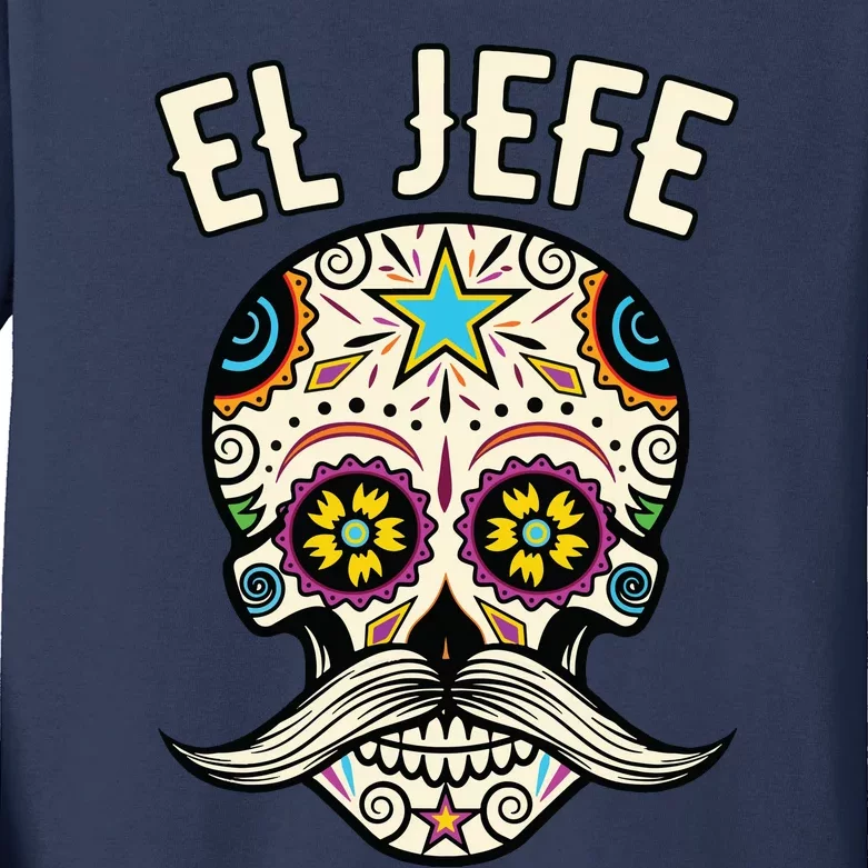 El Jefe Mexican Boss Sugar Skull Day Of The Dead Kids Long Sleeve Shirt