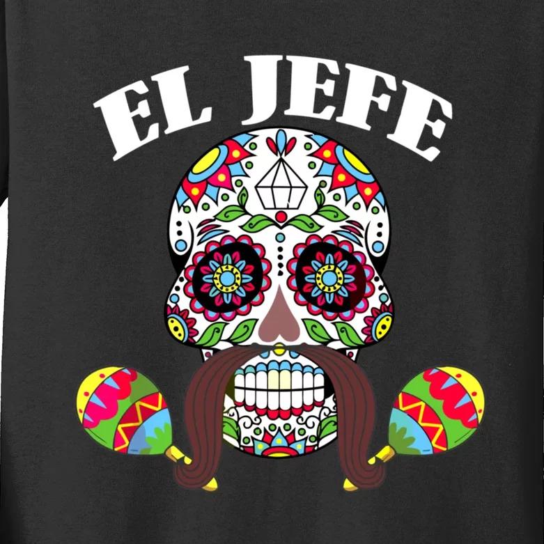 El Jefe Mexican Boss Sugar Skull Day Of The Dead Kids Long Sleeve Shirt