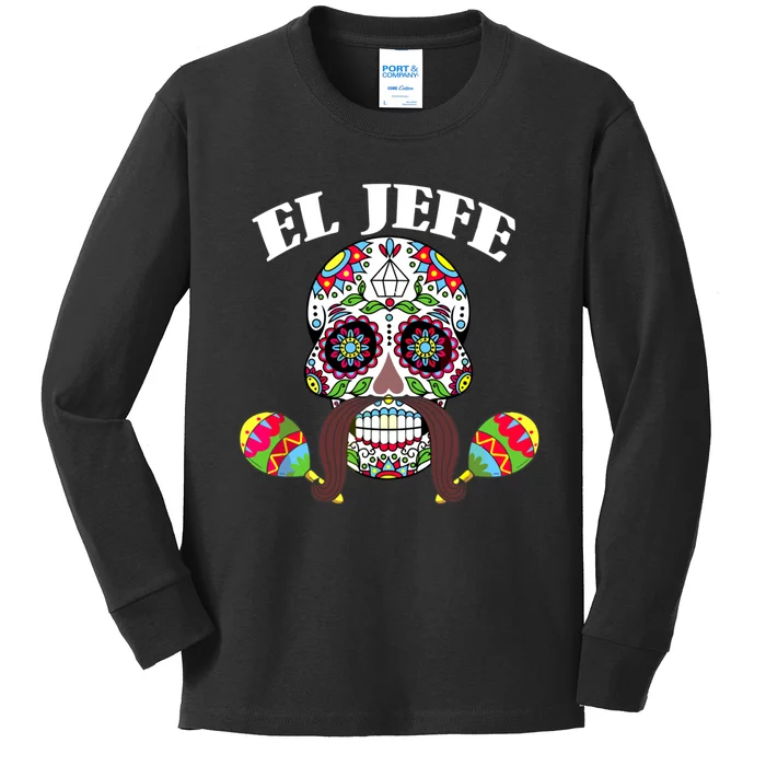 El Jefe Mexican Boss Sugar Skull Day Of The Dead Kids Long Sleeve Shirt