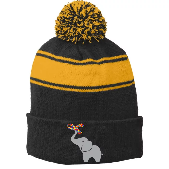 Elephant Autism Awareness Ribbon Stripe Pom Pom Beanie