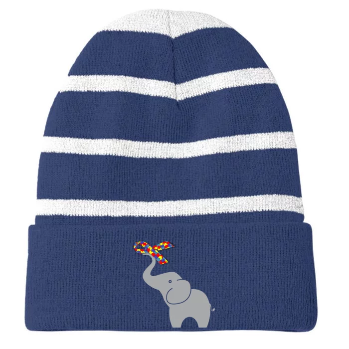 Elephant Autism Awareness Ribbon Striped Beanie with Solid Band