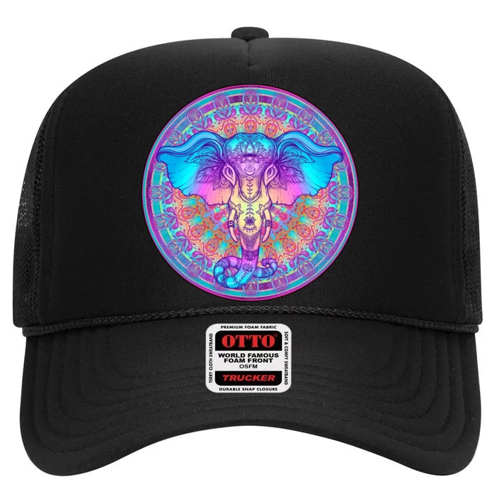 Elephant Mandala Pastel Rainbow High Crown Mesh Trucker Hat