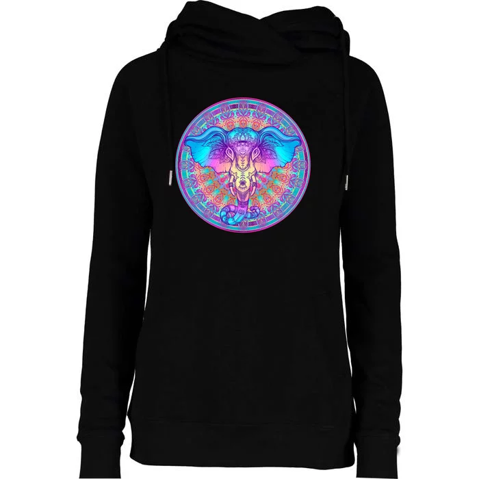 Elephant Mandala Pastel Rainbow Womens Funnel Neck Pullover Hood