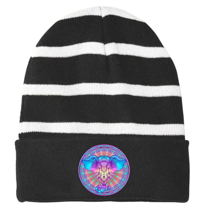 Elephant Mandala Pastel Rainbow Striped Beanie with Solid Band