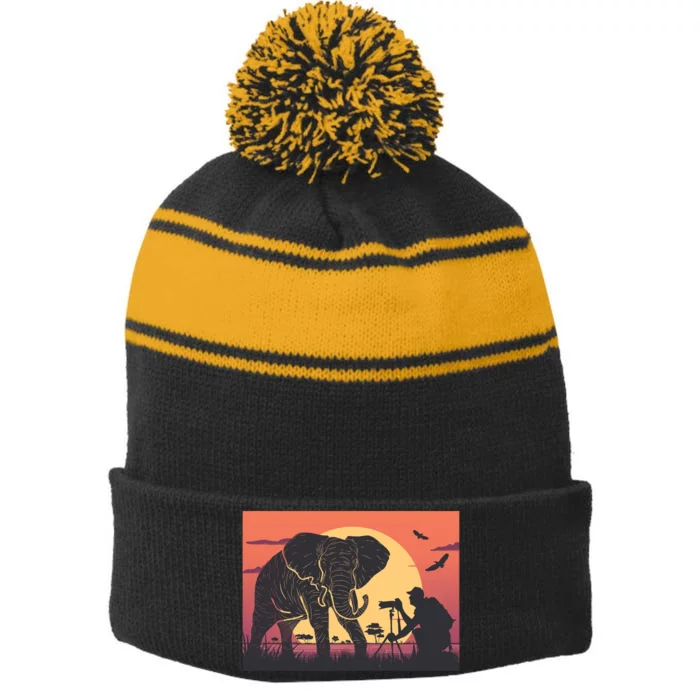 Elephant Photography Stripe Pom Pom Beanie