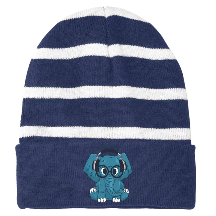 Elephant With Glasses Striped Beanie with Solid Band