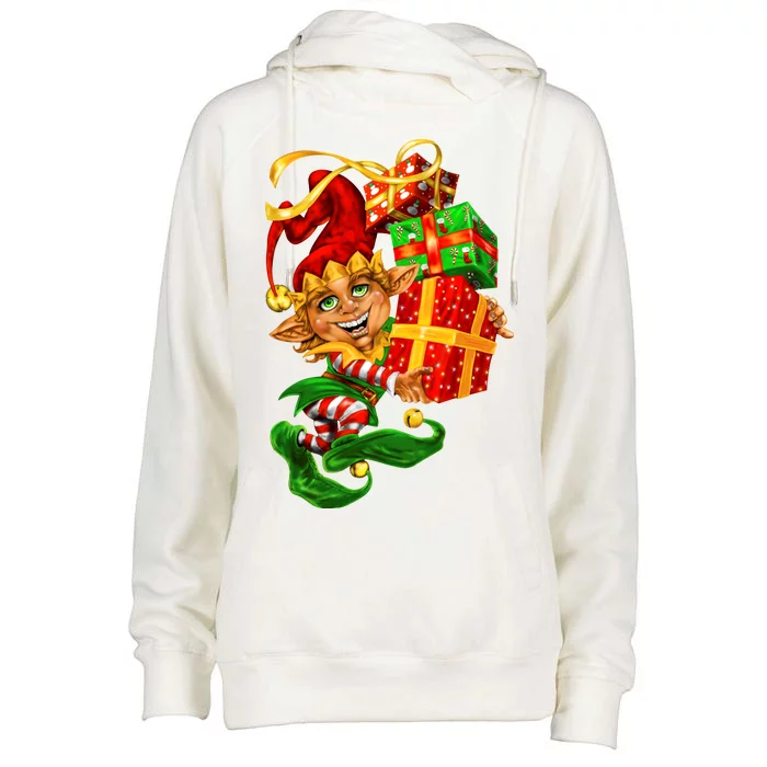 Elf With Stack Of Gifts Womens Funnel Neck Pullover Hood