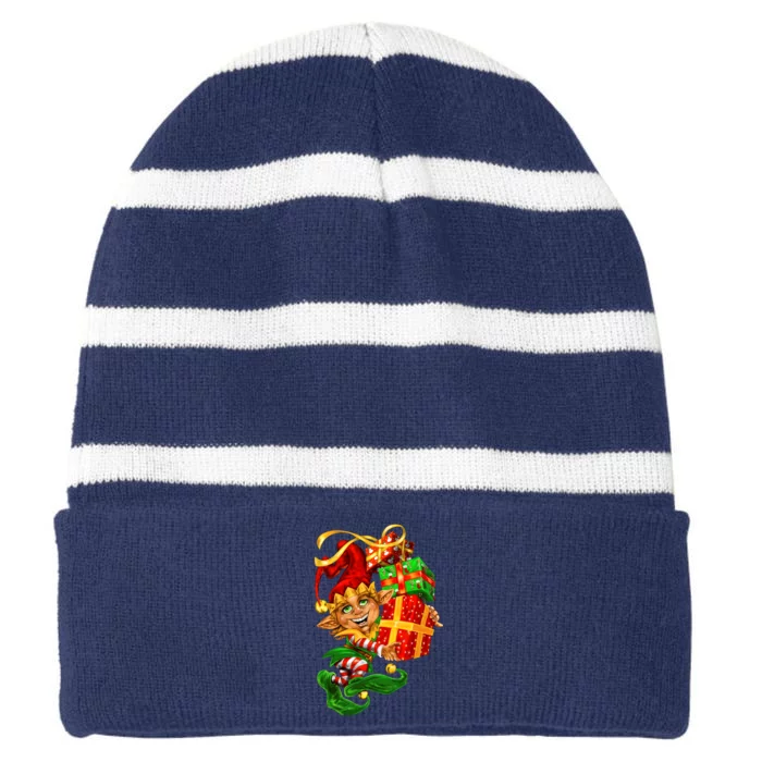 Elf With Stack Of Gifts Striped Beanie with Solid Band