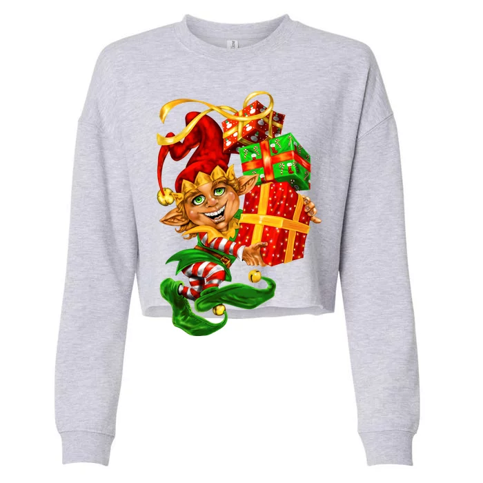 Elf With Stack Of Gifts Cropped Pullover Crew