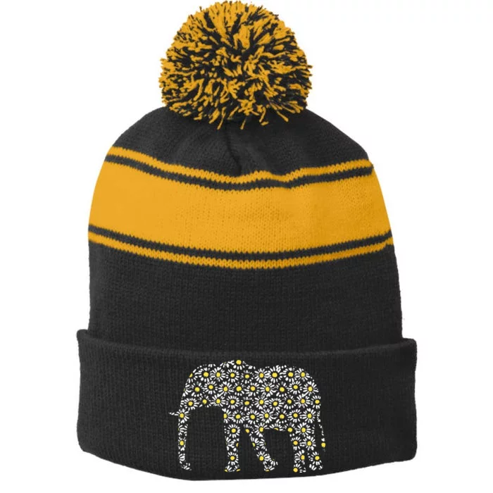 Elephant Lovers Graphic Design Daisy Flower Print Theme Gift Stripe Pom Pom Beanie