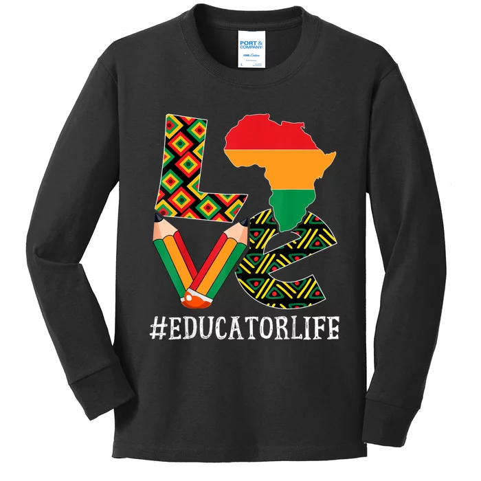 Educator Love Map African American Black History Month Kids Long Sleeve Shirt