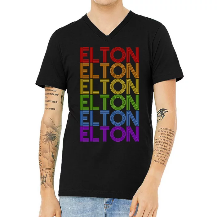 Elton Wordmark Pattern Retro Style V-Neck T-Shirt