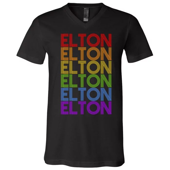 Elton Wordmark Pattern Retro Style V-Neck T-Shirt