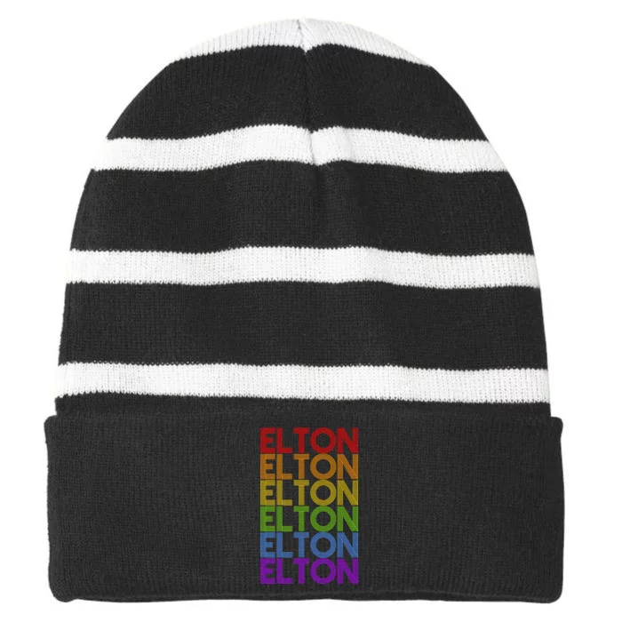 Elton Wordmark Pattern Retro Style Striped Beanie with Solid Band