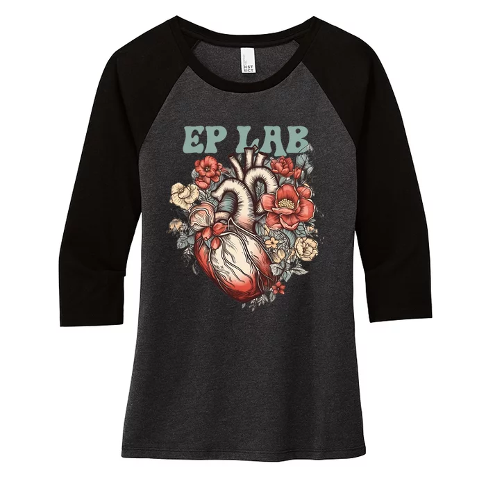 Ep Lab With Human Heart & Flowers Electrophysiology Women's Tri-Blend 3/4-Sleeve Raglan Shirt