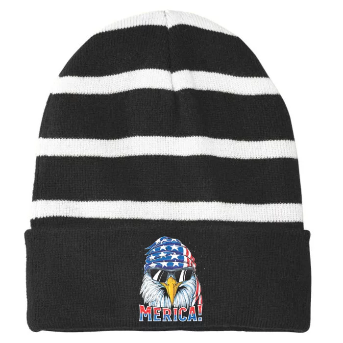 Eagle Merica 4th Of July Merica American Striped Beanie with Solid Band