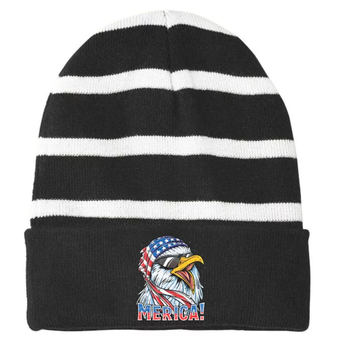 Eagle Merica 4th Of July Merica American Striped Beanie with Solid Band