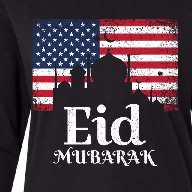 Eid Mubarak American Flag Eid Al Fitr Islamic Holiday Gift Womens Cotton Relaxed Long Sleeve T-Shirt