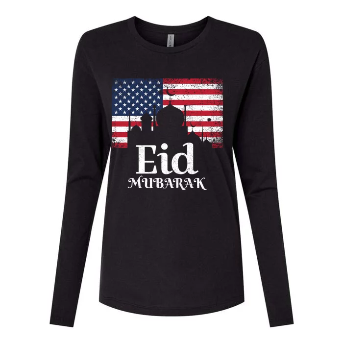 Eid Mubarak American Flag Eid Al Fitr Islamic Holiday Gift Womens Cotton Relaxed Long Sleeve T-Shirt