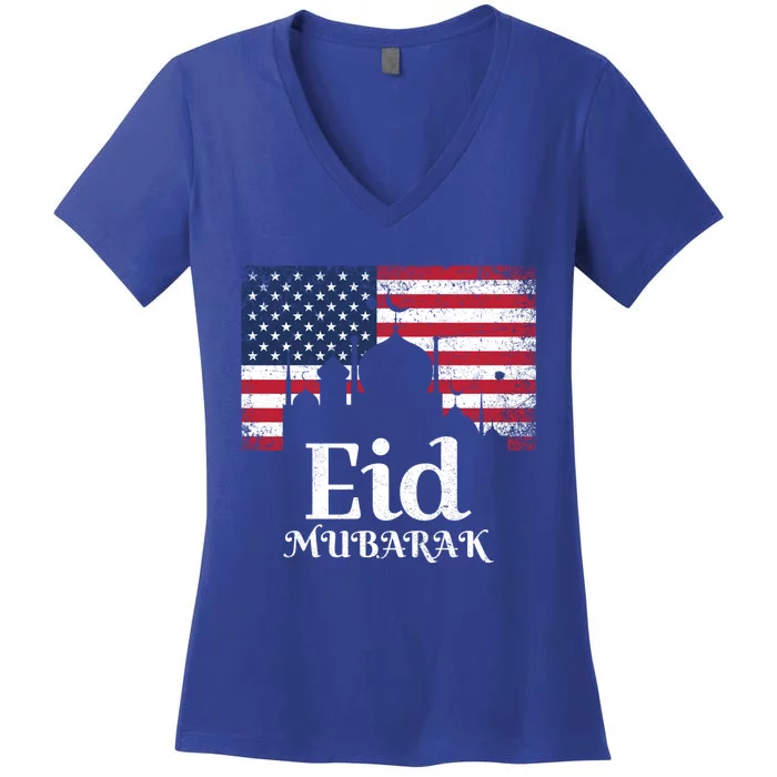 Eid Mubarak American Flag Eid Al Fitr Islamic Holiday Gift Women's V-Neck T-Shirt