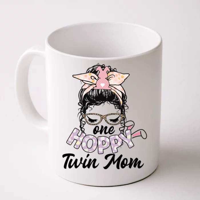 Easter Messy Bun One Hoppy Twin Mom Bunny Mom Easter Cool Gift Front & Back Coffee Mug