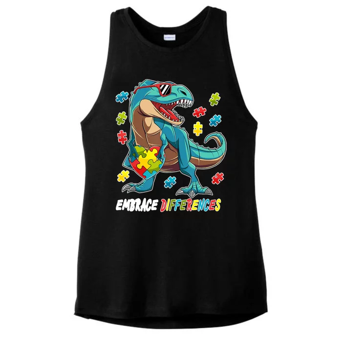 Embrace Differences Autism Awareness Dino Ladies Tri-Blend Wicking Tank