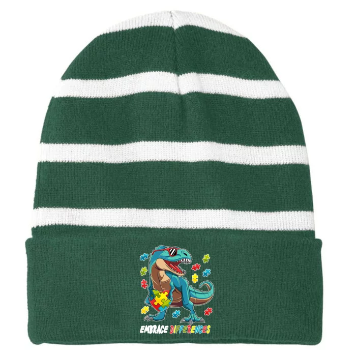 Embrace Differences Autism Awareness Dino Striped Beanie with Solid Band