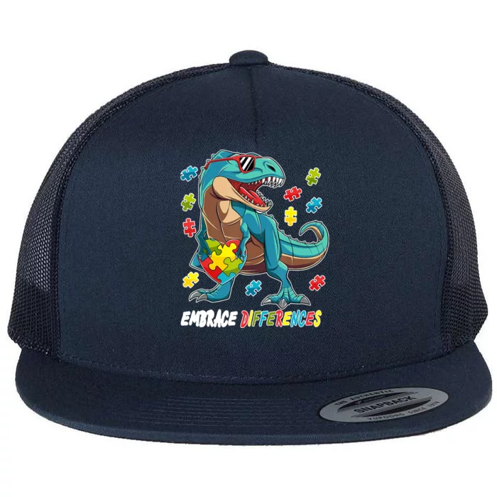 Embrace Differences Autism Awareness Dino Flat Bill Trucker Hat