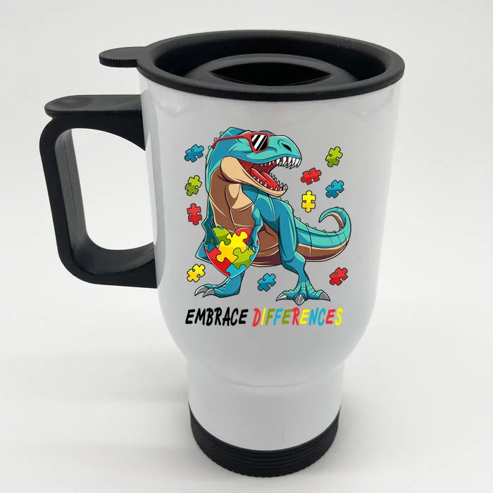 Embrace Differences Autism Awareness Dino Front & Back Stainless Steel Travel Mug