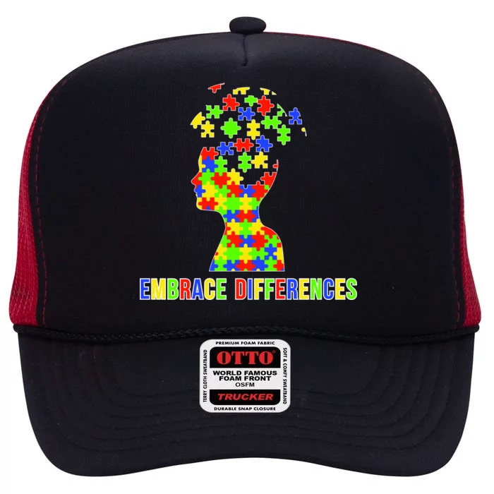 Embrace Differences Autism Awareness Puzzle Pieces High Crown Mesh Trucker Hat