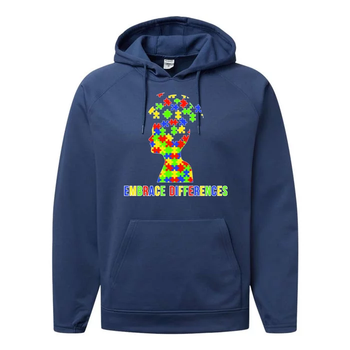 Embrace Differences Autism Awareness Puzzle Pieces Performance Fleece Hoodie