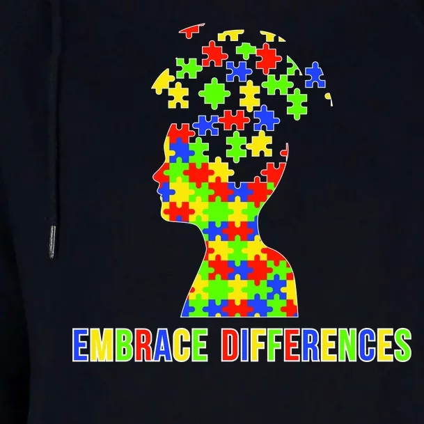 Embrace Differences Autism Awareness Puzzle Pieces Womens Funnel Neck Pullover Hood