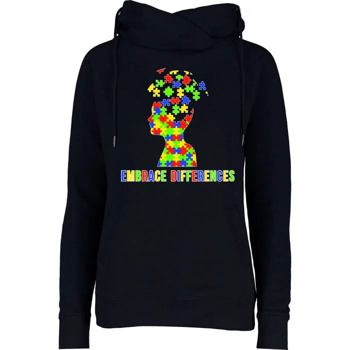 Embrace Differences Autism Awareness Puzzle Pieces Womens Funnel Neck Pullover Hood