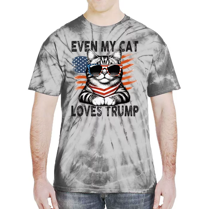 Even My Cat Loves Trump Patriotic American Flag Sunglasses Tie-Dye T-Shirt