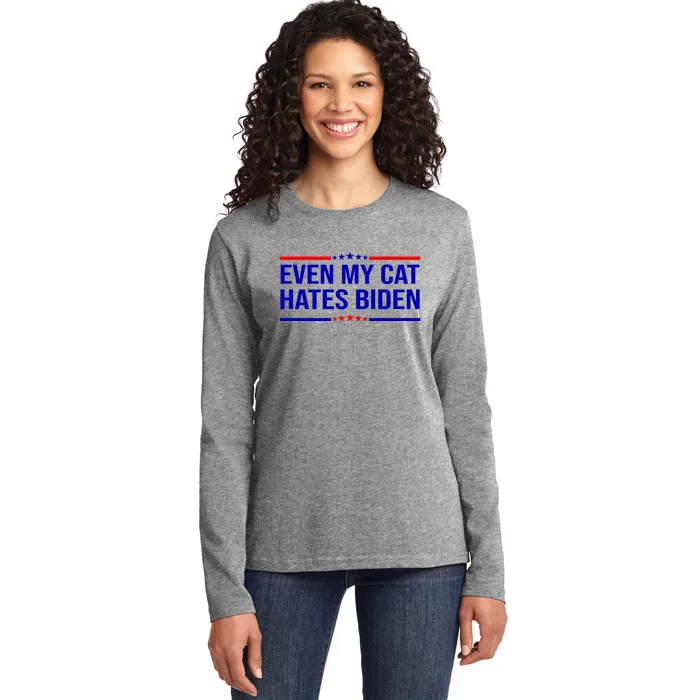 Even My Cat Hates Biden Funny Anti Biden FJB Ladies Long Sleeve Shirt