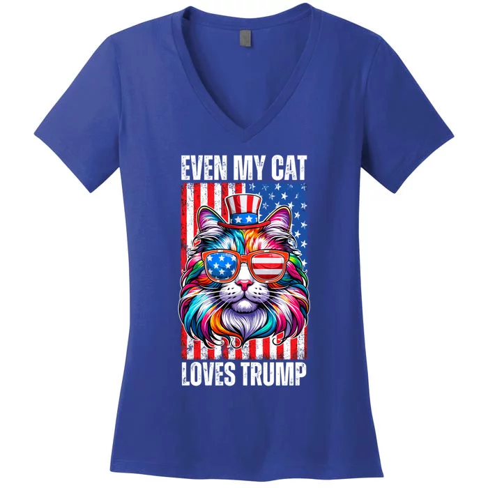 Even My Cat Loves Trump Usa Flag Election Trump Support Gift Women's V-Neck T-Shirt