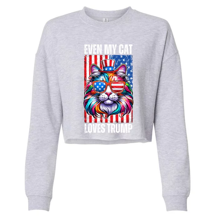 Even My Cat Loves Trump Usa Flag Election Trump Support Gift Cropped Pullover Crew