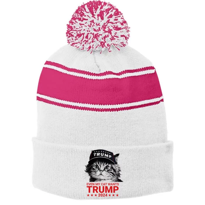 Even My Cat Wants Trump 2024 Stripe Pom Pom Beanie