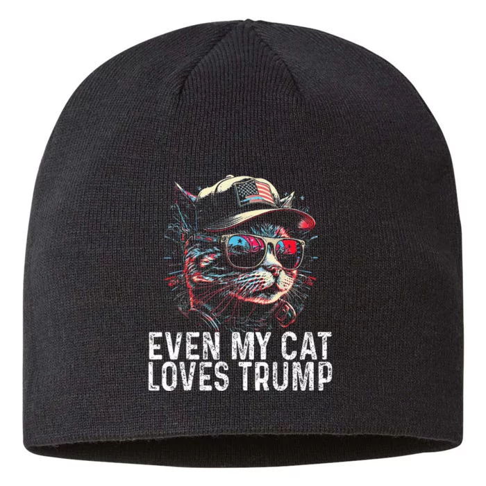 Even My Cat Loves Trump 2024 4th Of July Cat American Flag 8 1/2in Sustainable Knit Beanie