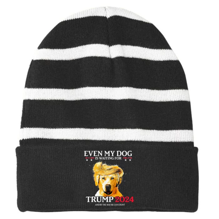 Even My Dog Is Waiting For Trump 2024 Funny Dog Striped Beanie with Solid Band