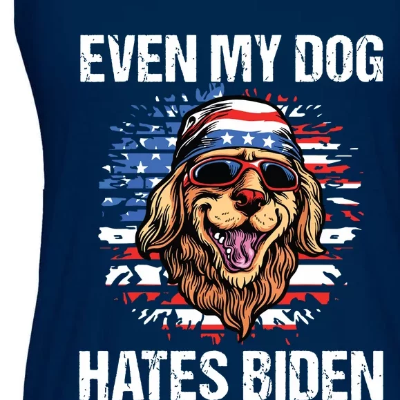 Even My Dog Hates Biden Funny Anti Biden American Flag Dog Ladies Essential Flowy Tank