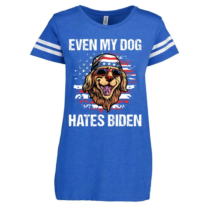 Even My Dog Hates Biden Funny Anti Biden American Flag Dog Enza Ladies Jersey Football T-Shirt