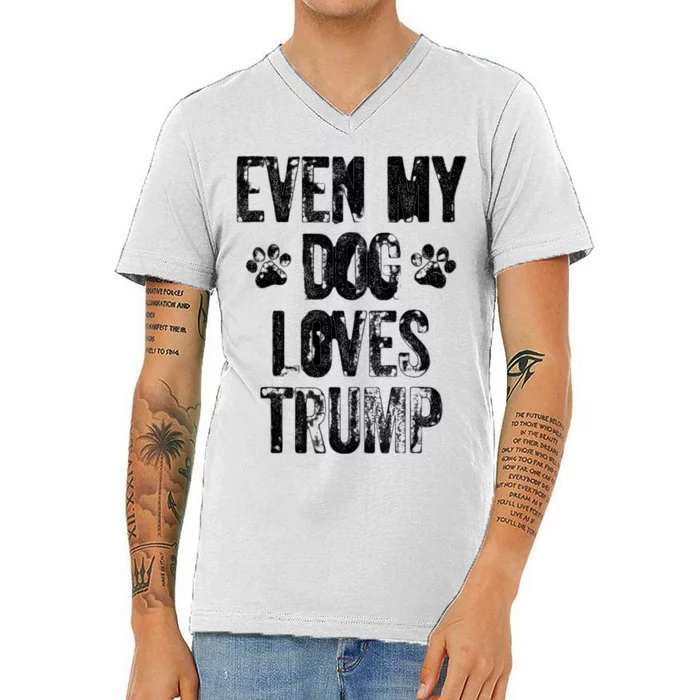 Even My Dog Loves Trump Usa Flag Election Trump Support V-Neck T-Shirt