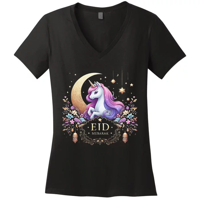 Eid Mubarak For K.Ids Mom Girl Eid Mubarak Unicorn Cute Gift Women's V-Neck T-Shirt