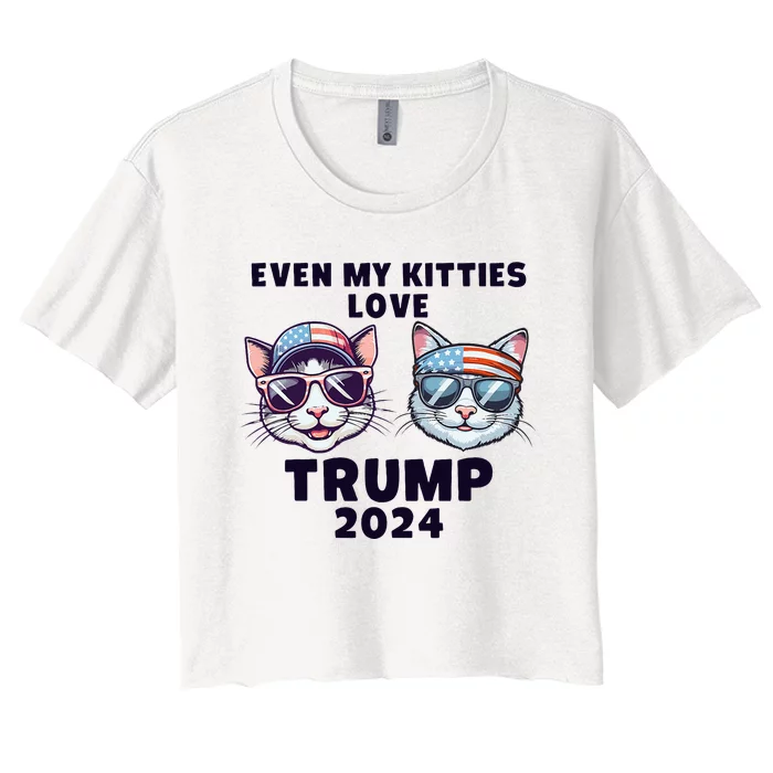 Even My Kitties Love Trump 2024 Funny American Flag Cats Women's Crop Top Tee